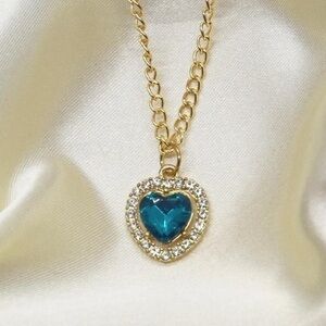 Teal Blue Rhinestone Heart Necklace